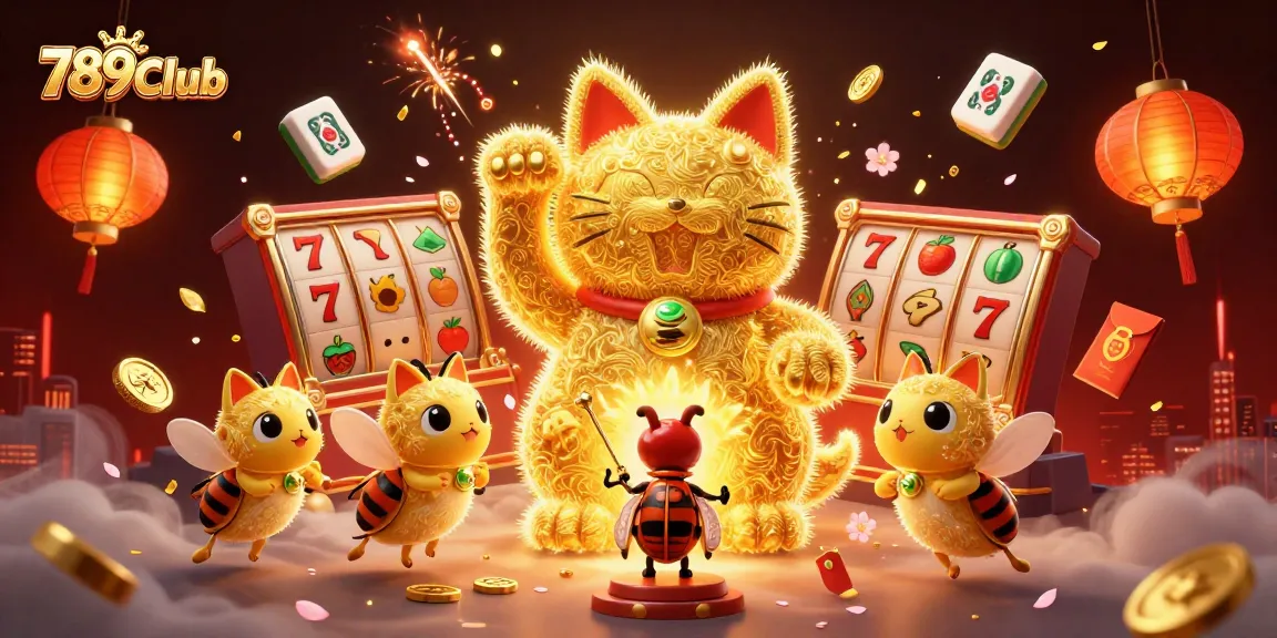 Experience thrilling gameplay with 789Club's vibrant lucky cat and casino symbols in a playful 3D scene.