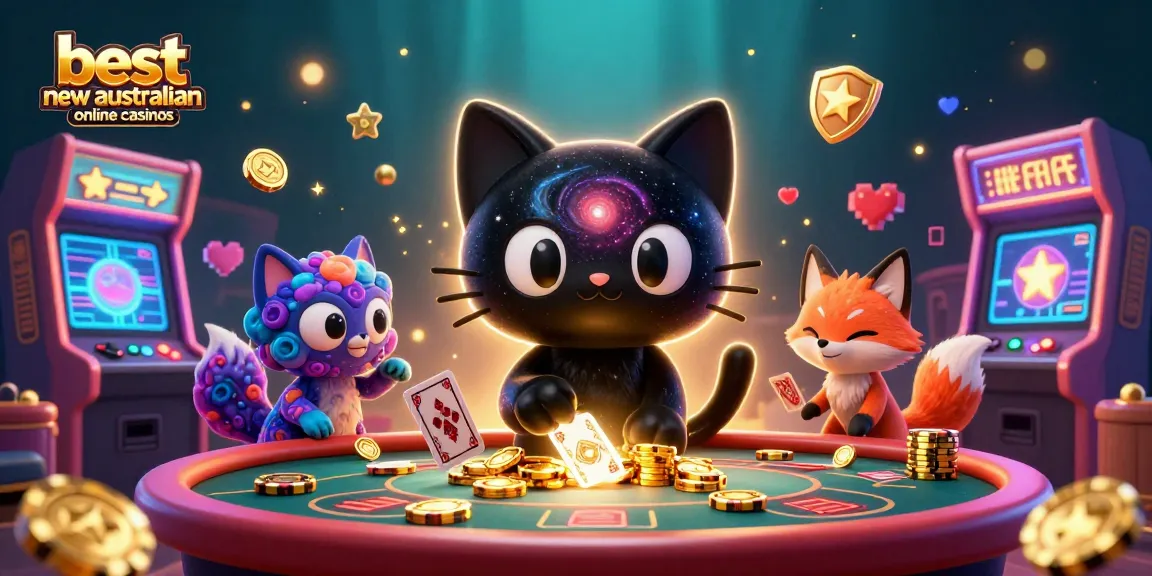 Engaging scene showcasing the best new australian online casinos with a cosmic black hole cat pulling in golden chips and cards.