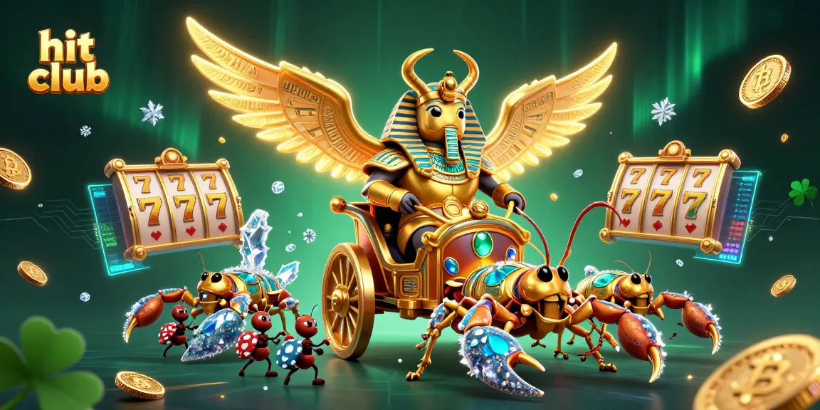 Hit club's vibrant Casino scene with golden scarab and neon crypto elements enhancing excitement.