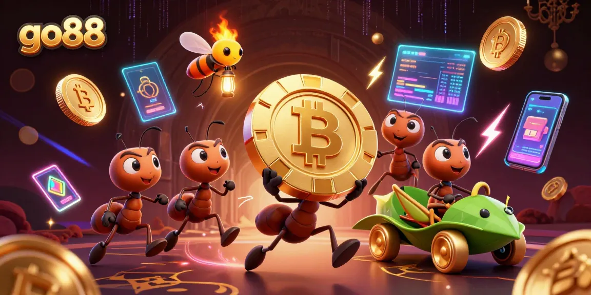 Experience the thrilling heist in the go88 online casino with ants and crypto elements in a vibrant digital scene.