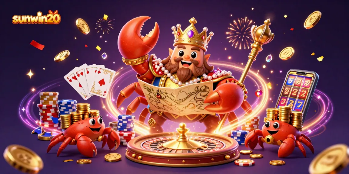 Experience the excitement of sunwin20 with a golden crab emperor and vibrant casino elements in stunning 3D.