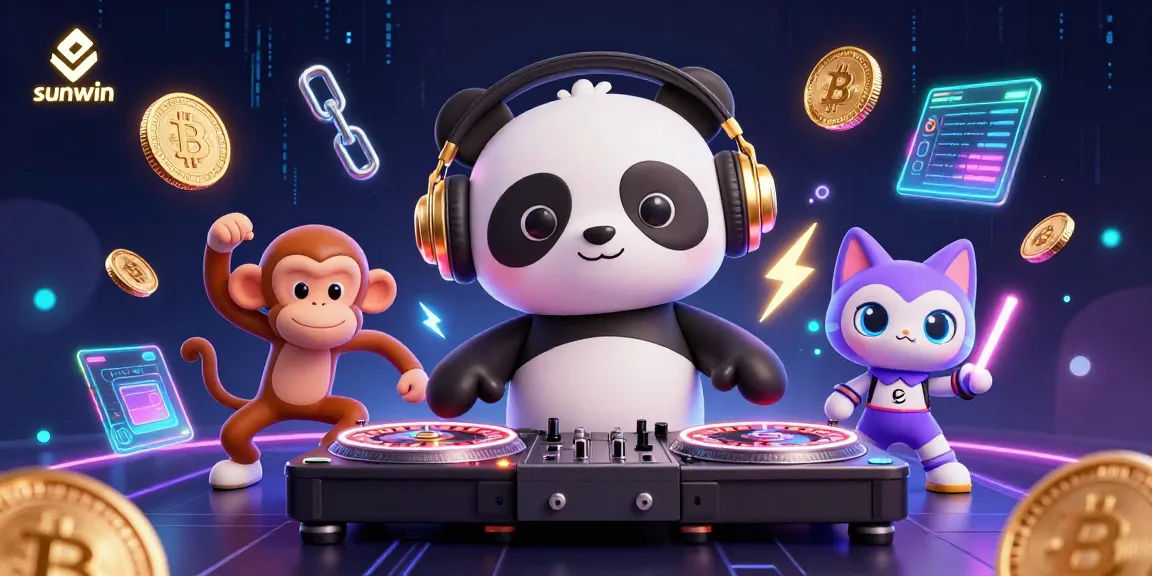 Engage with sunwin as a DJ panda spins casino wheels amidst crypto elements in a vibrant 3D scene.