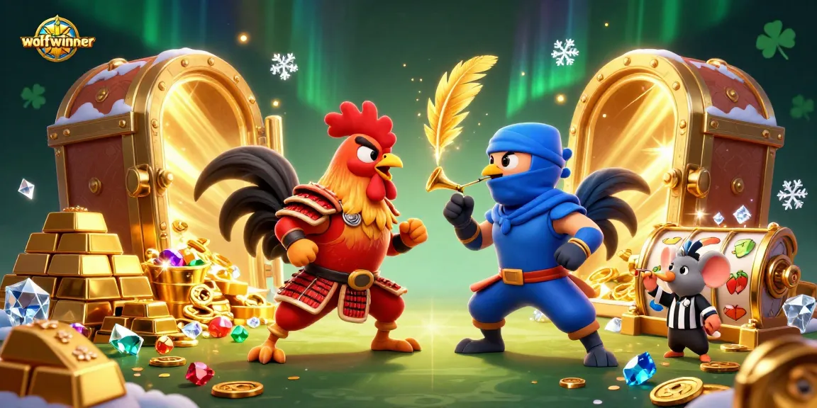 Engage in the ultimate showdown at wolfwinner with dynamic fighting roosters in a vibrant casino scene.